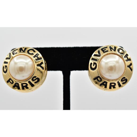 Givenchy Vintage Logo Clip On Earrings Pearl Gold Heavy Chunky Signed 80s BinAZ - Picture 1 of 12